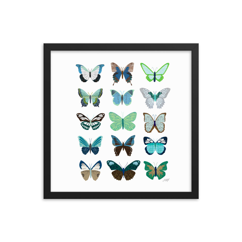 Green and Blue Butterflies Collage - Framed Matte Print