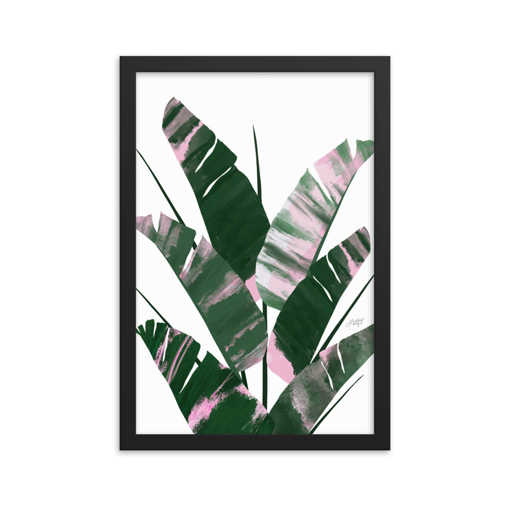 Planta de hoja de plátano (paleta verde/rosa) - Impresión mate enmarcada