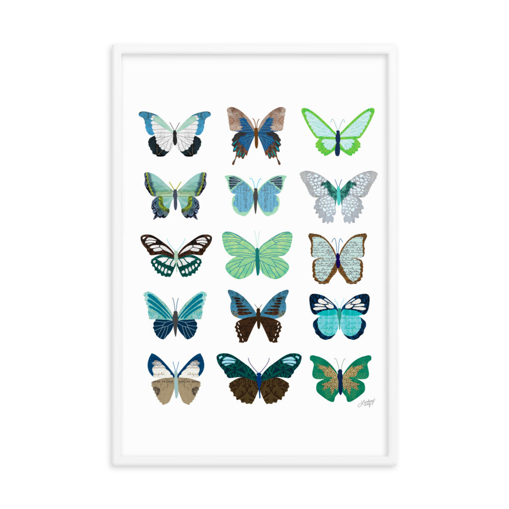 Green and Blue Butterflies Collage - Framed Matte Print