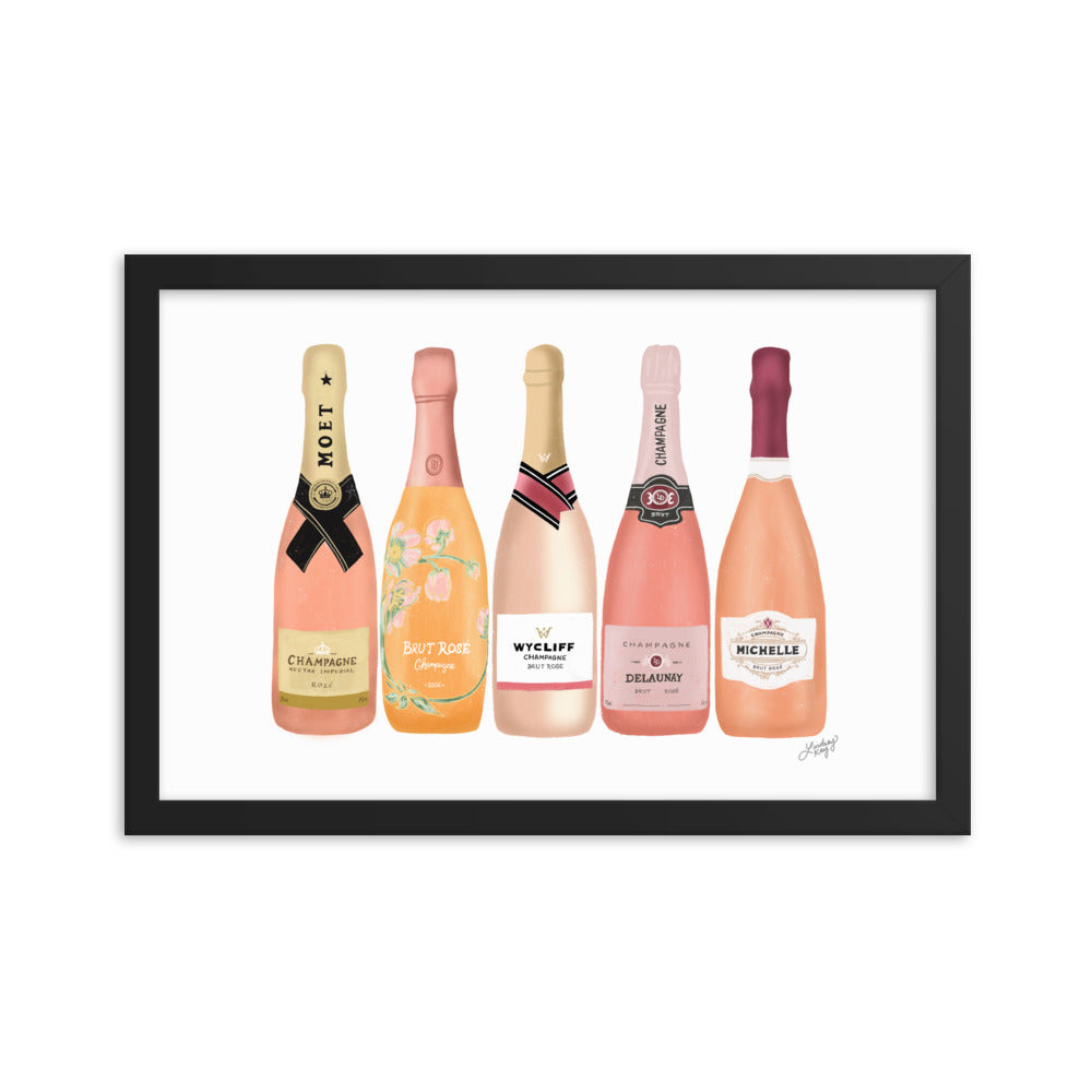 Illustration de bouteilles de champagne rose - Affiche mate encadrée