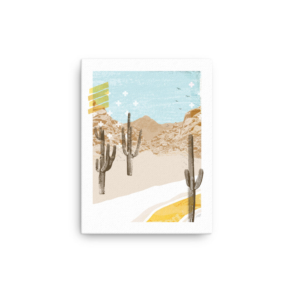 abstract collage illustration of a mountain desert, printed on canvas
