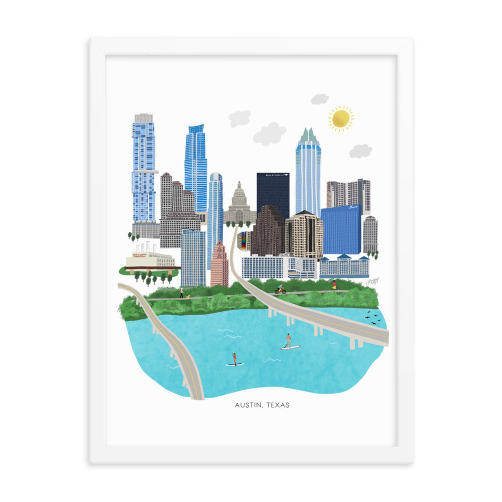 white or black wall framed austin texas cityscape illustration, printed on matte print