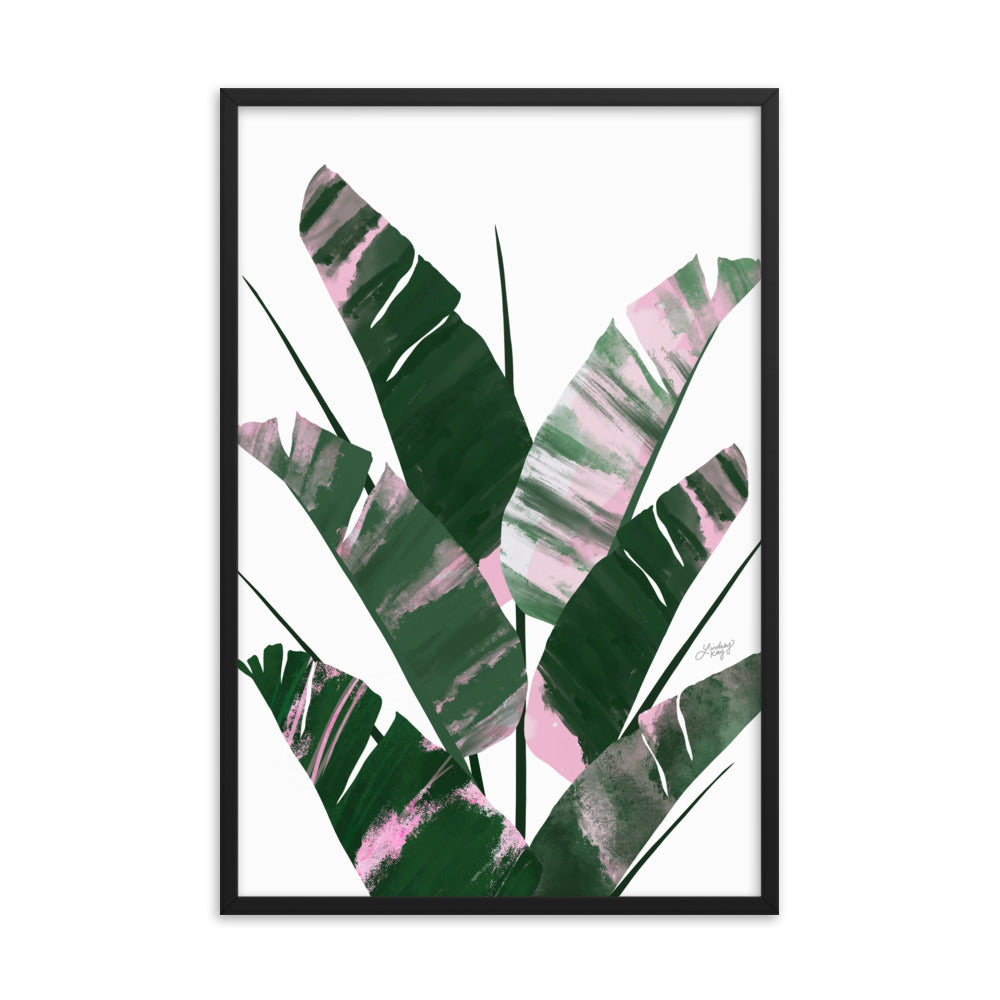 Planta de hoja de plátano (paleta verde/rosa) - Impresión mate enmarcada