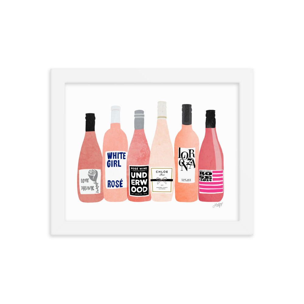 Ilustración de botellas de vino rosado - Impresión mate enmarcada