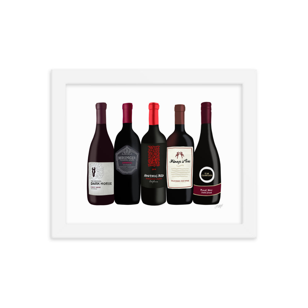 Red Wine Bottles Illustration - Framed Matte Print - Lindsey Kay Collective