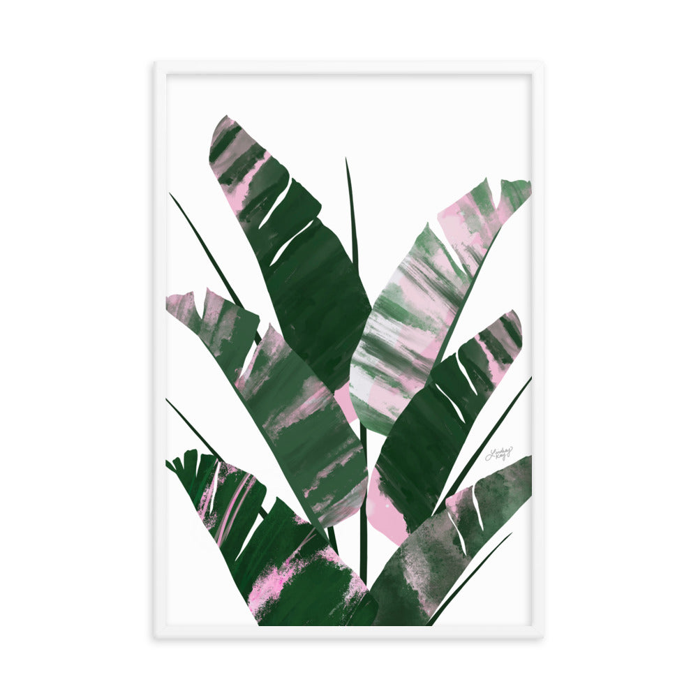 Planta de hoja de plátano (paleta verde/rosa) - Impresión mate enmarcada