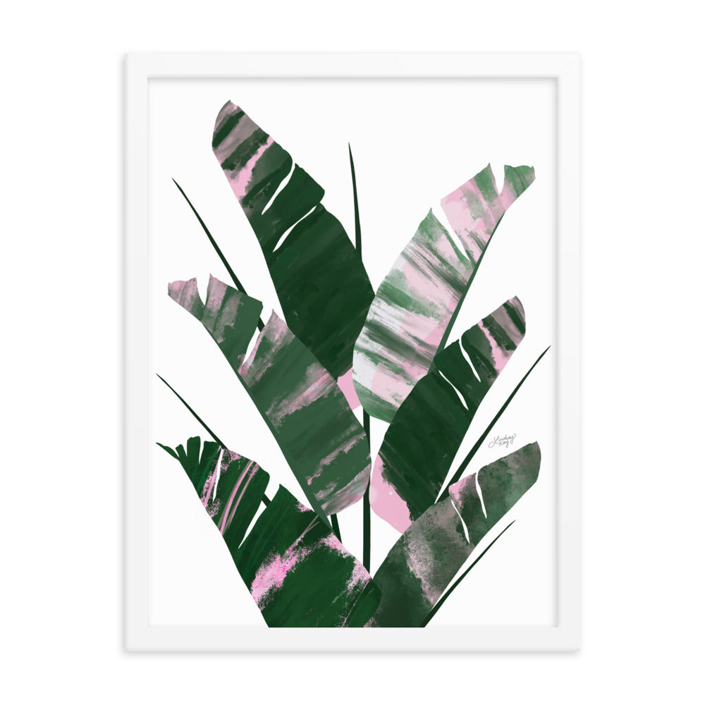Planta de hoja de plátano (paleta verde/rosa) - Impresión mate enmarcada