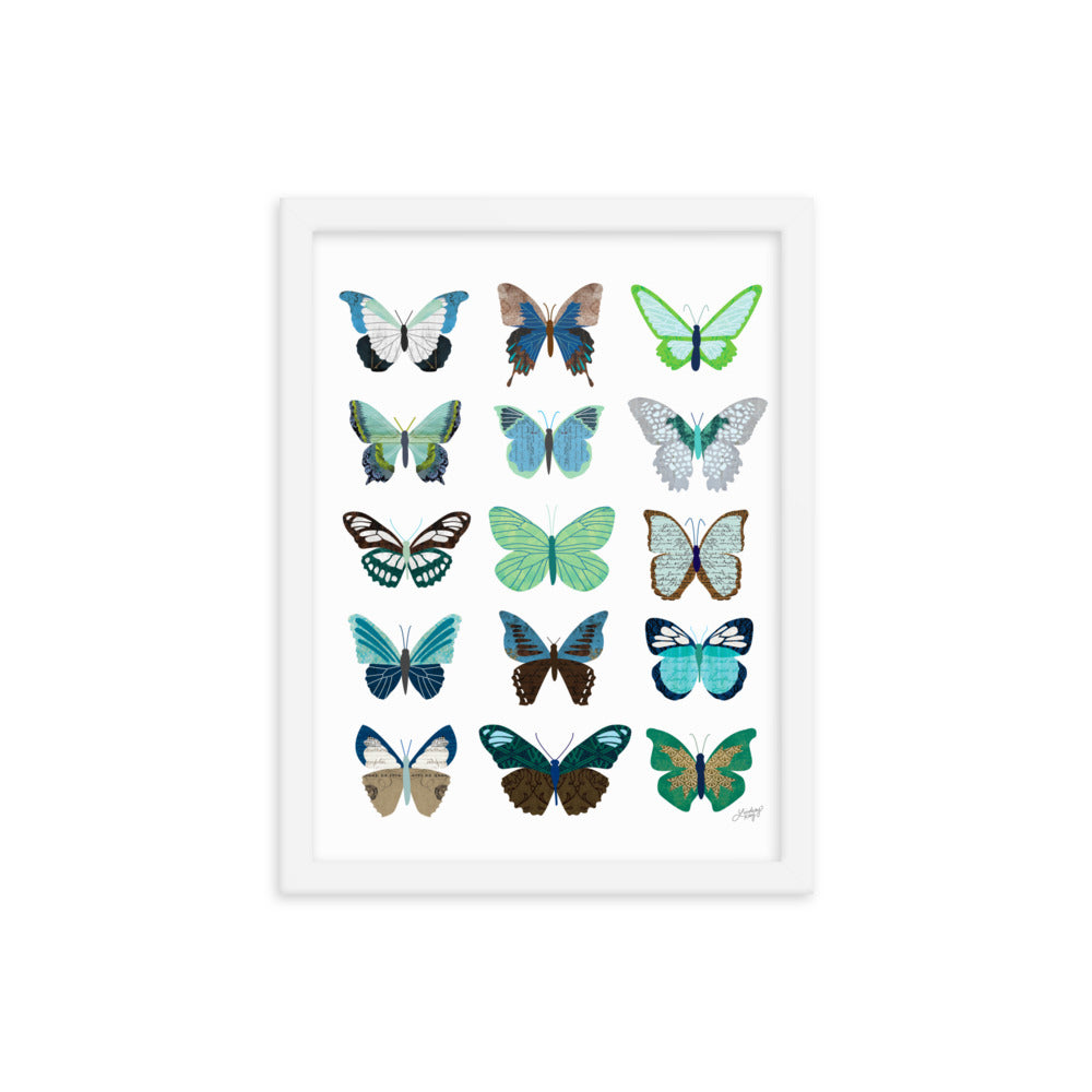 Green and Blue Butterflies Collage - Framed Matte Print