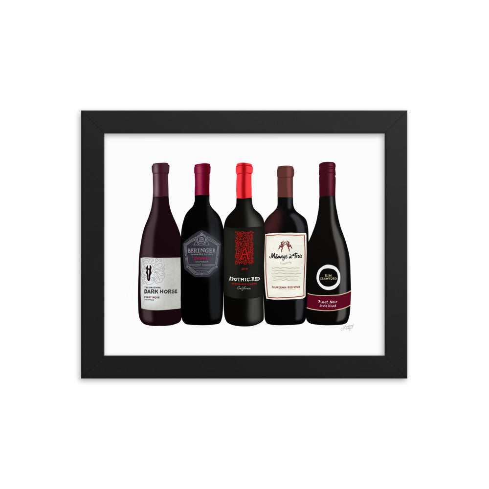 Red Wine Bottles Illustration - Framed Matte Print