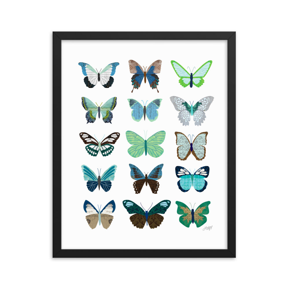 Collage de mariposas verdes y azules - Impresión mate enmarcada