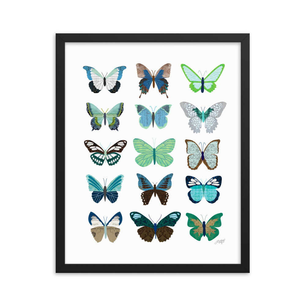Green and Blue Butterflies Collage - Framed Matte Print