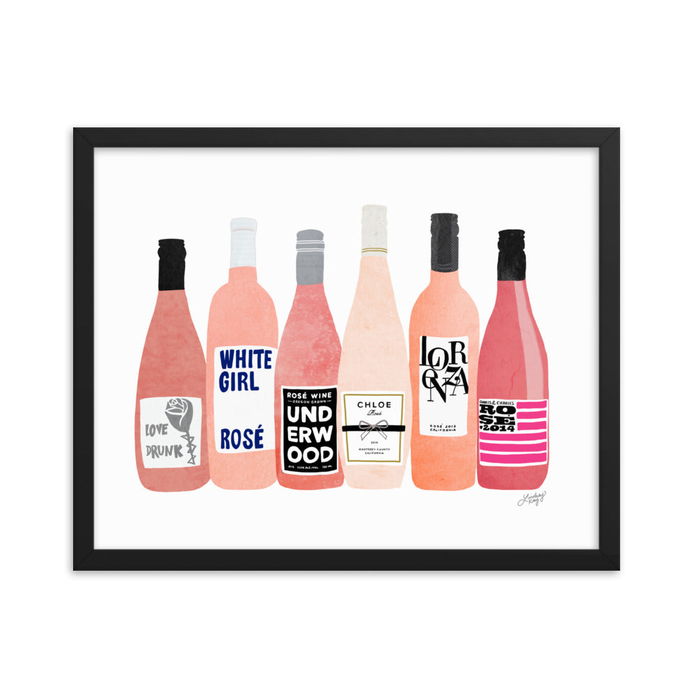 Rose Wine Bottles Illustration - Framed Matte Print