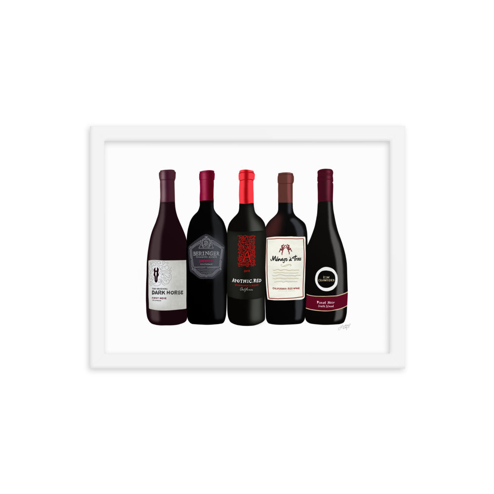 red wine bottles illustration art print bar cart decor framed lindsey kay collective