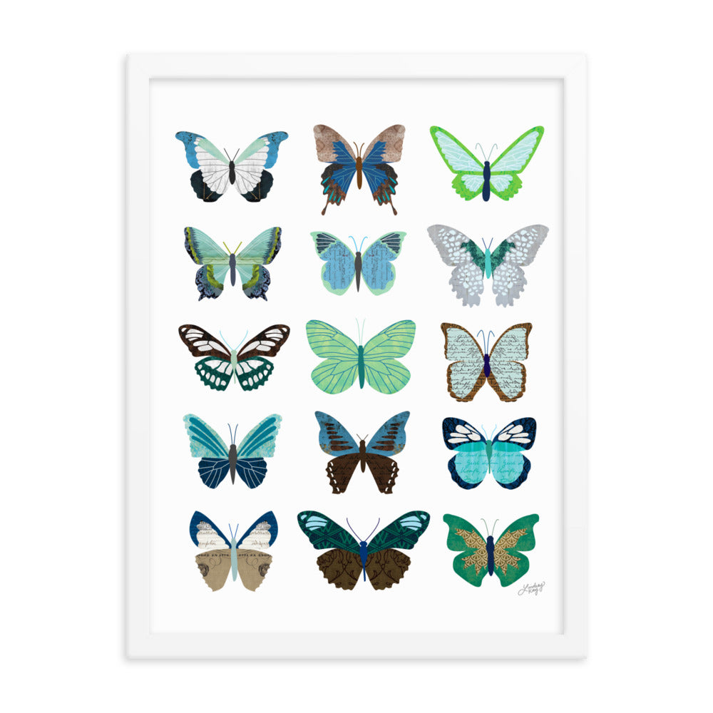 Green and Blue Butterflies Collage - Framed Matte Print