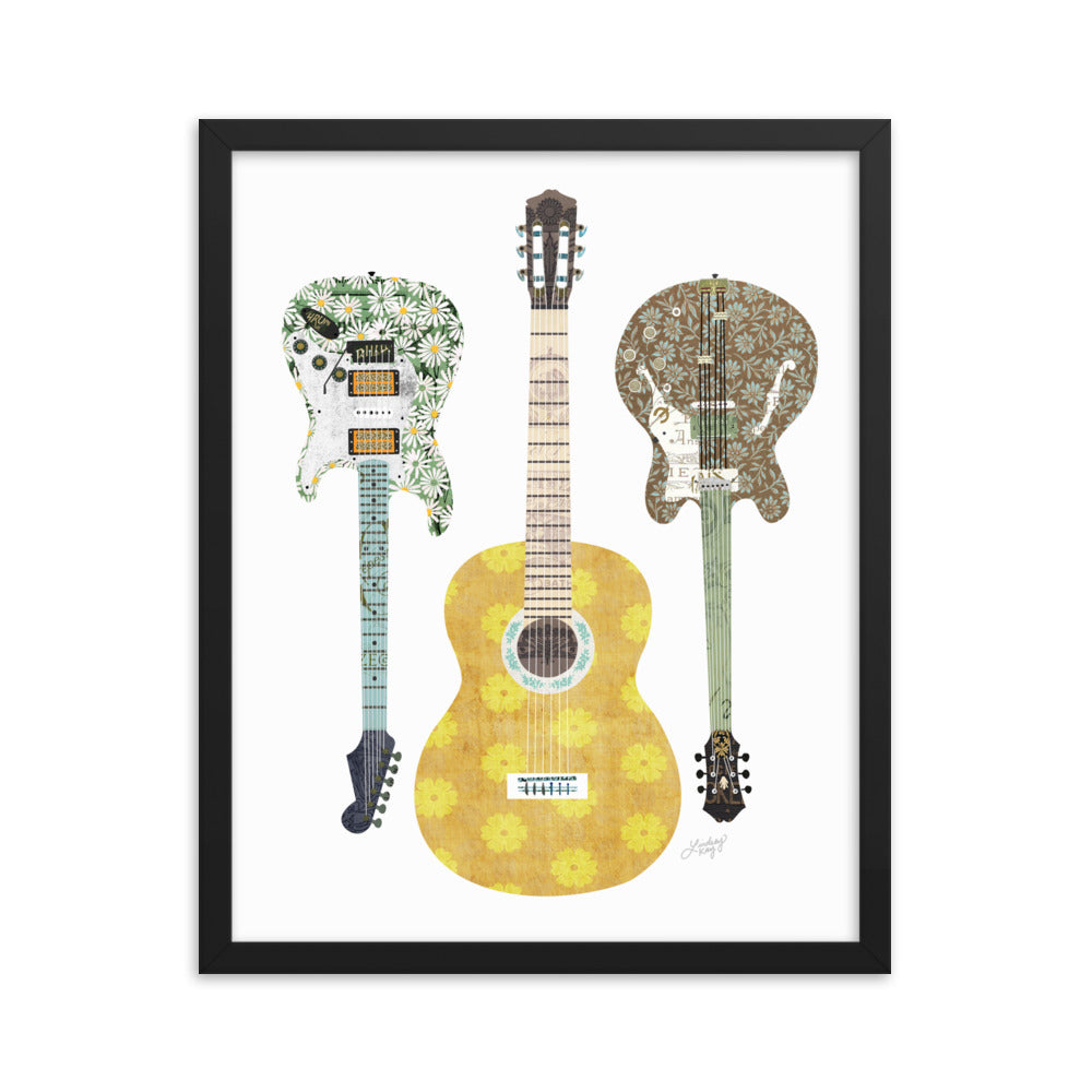 Retro Guitars Collage Illustration - Framed Matte Print - Lindsey Kay Collective