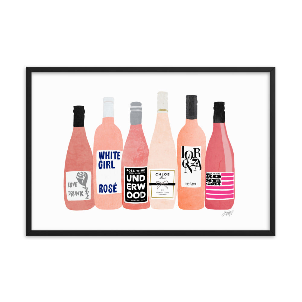 Rose Wine Bottles Illustration - Framed Matte Print