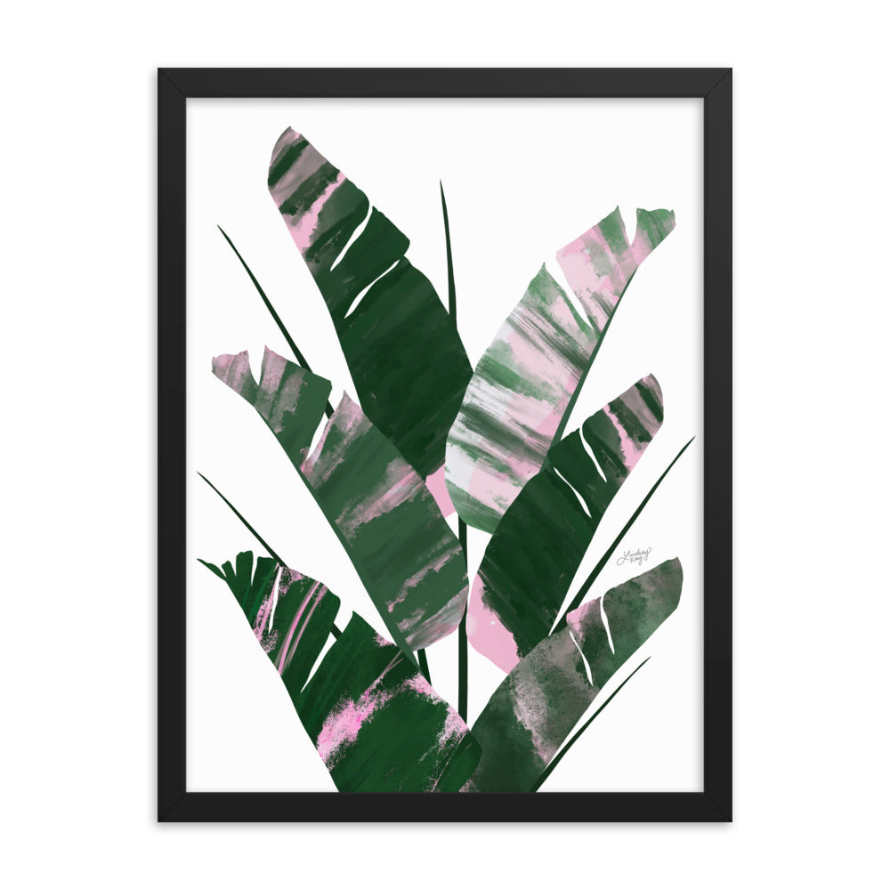 Planta de hoja de plátano (paleta verde/rosa) - Impresión mate enmarcada
