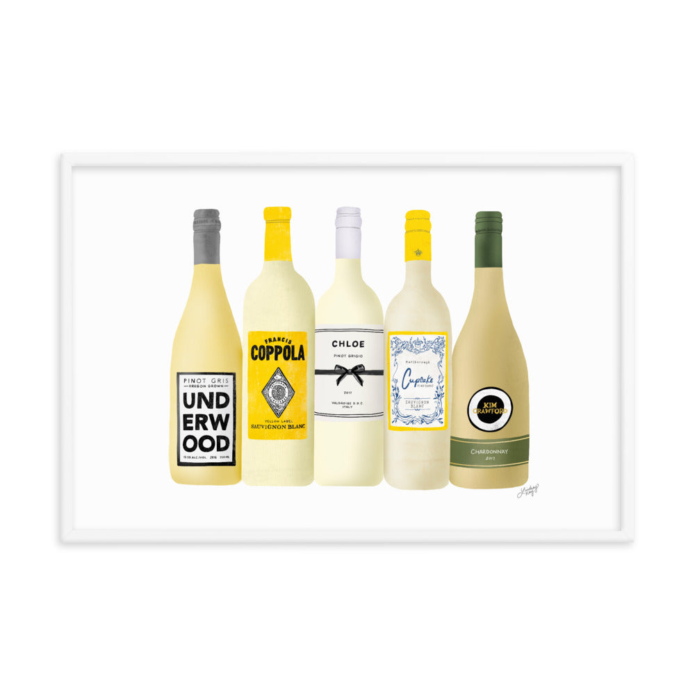 white wine bottles illustration framed art print bar cart decor kitchen wall art lindsey kay collective