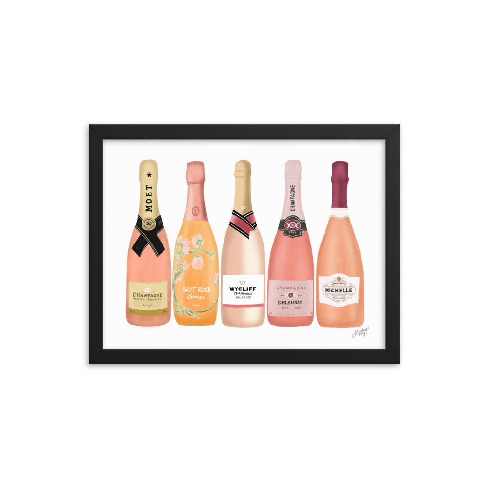 Rose Champagne Bottles Illustration - Framed Matte Poster
