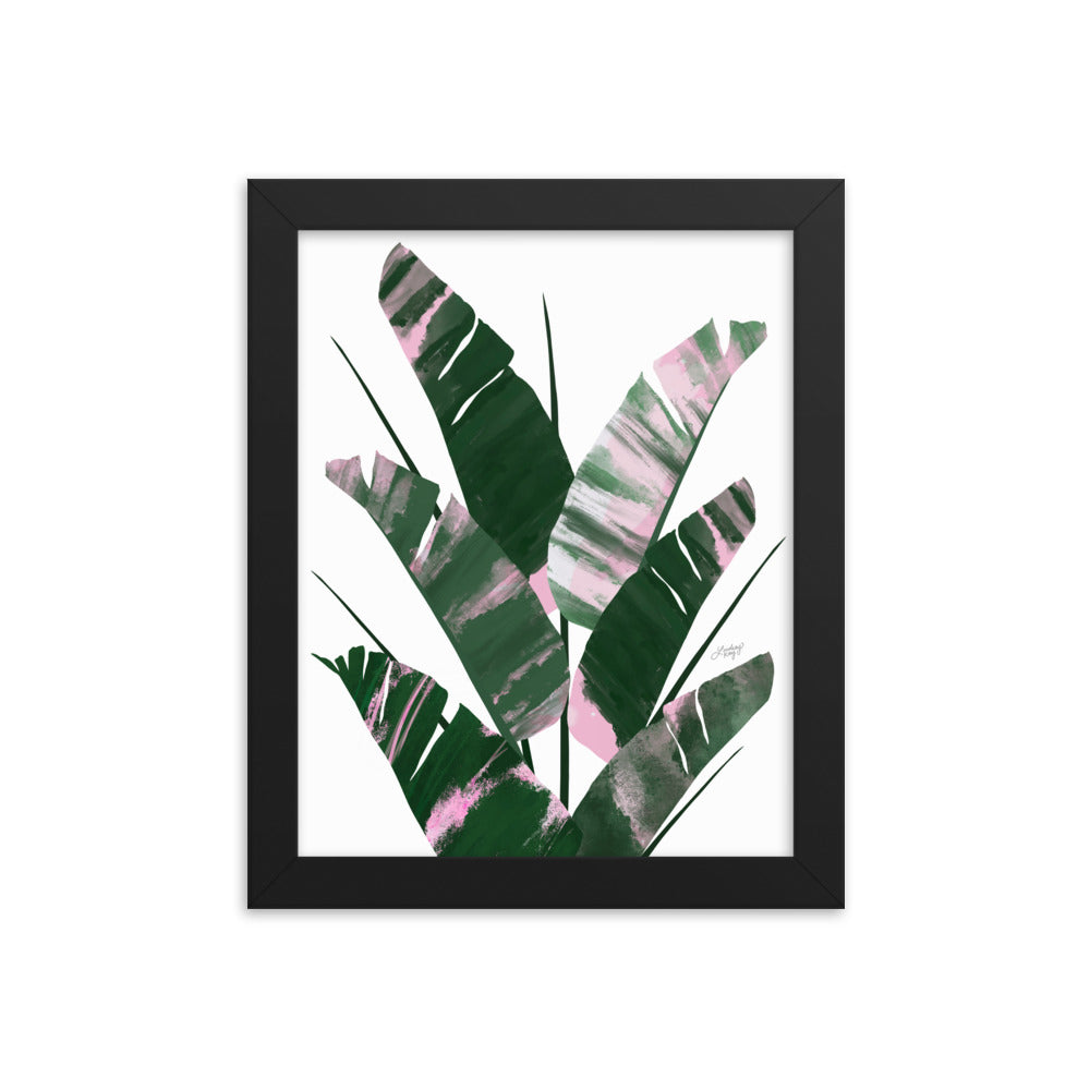 Planta de hoja de plátano (paleta verde/rosa) - Impresión mate enmarcada