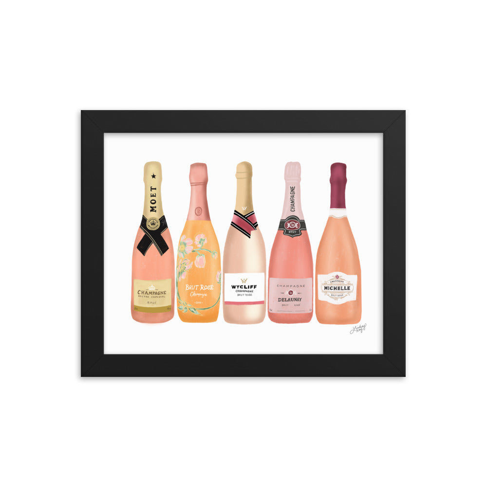Illustration de bouteilles de champagne rose - Affiche mate encadrée