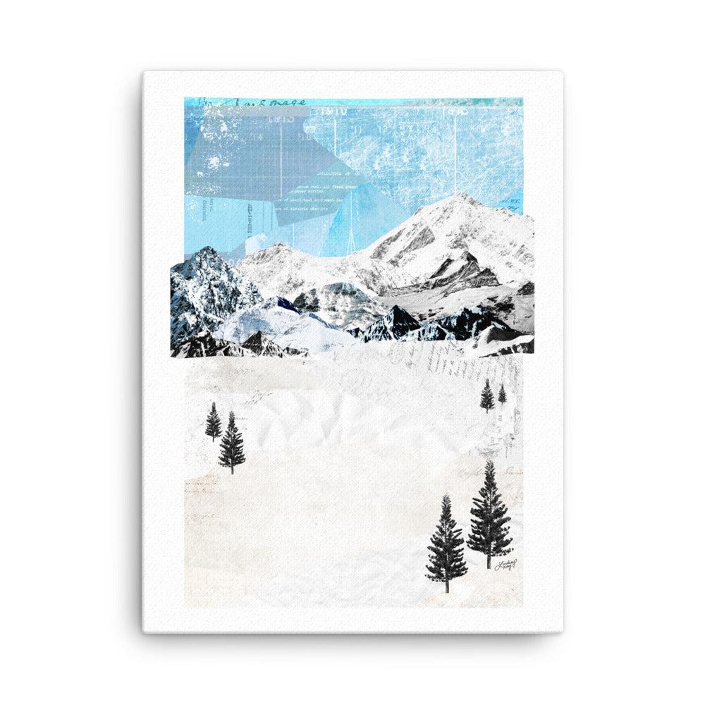 abstract collage of a snowy mountain landscape, printed on canvas