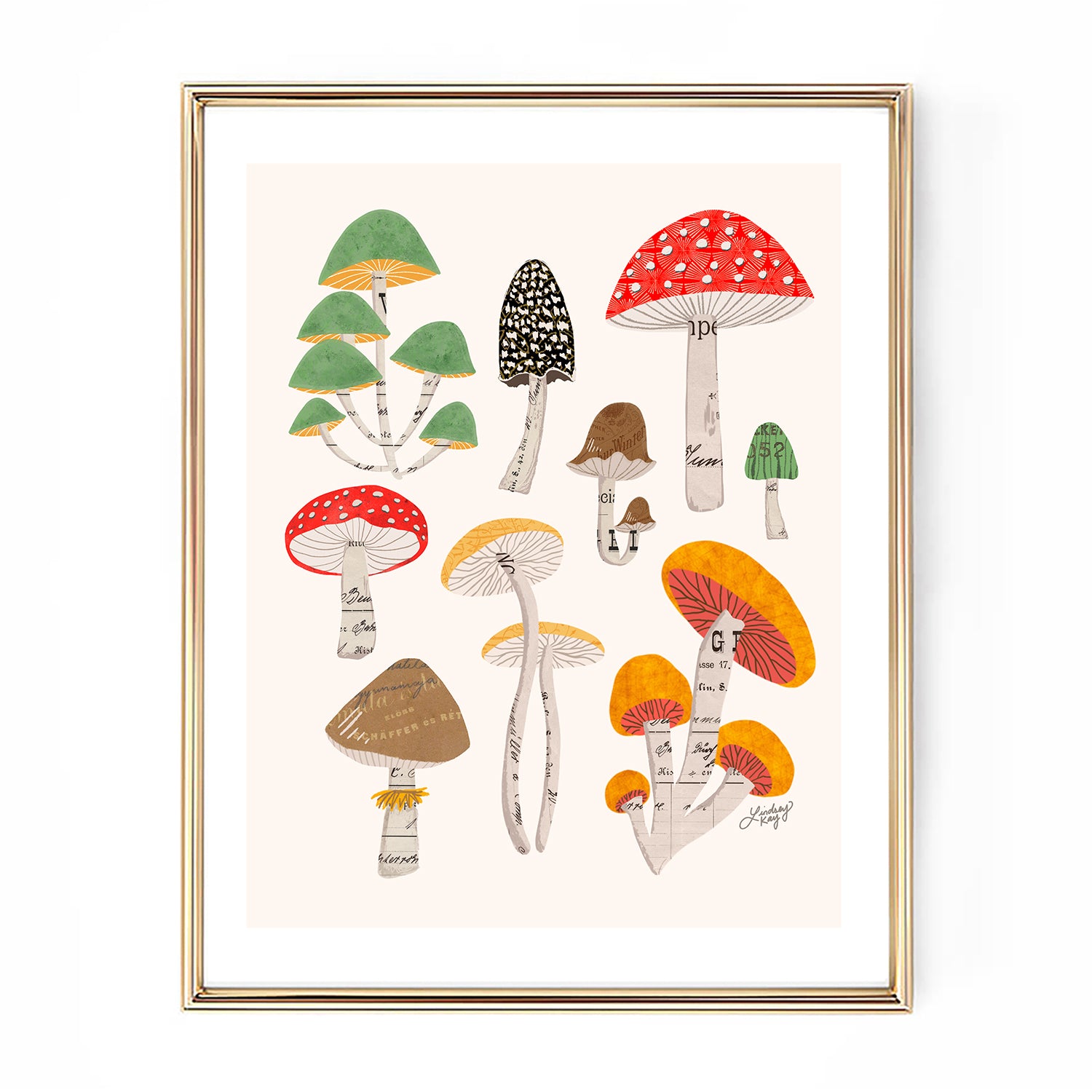 mushrooms collage illustration art print nature wall decor lindsey kay collective