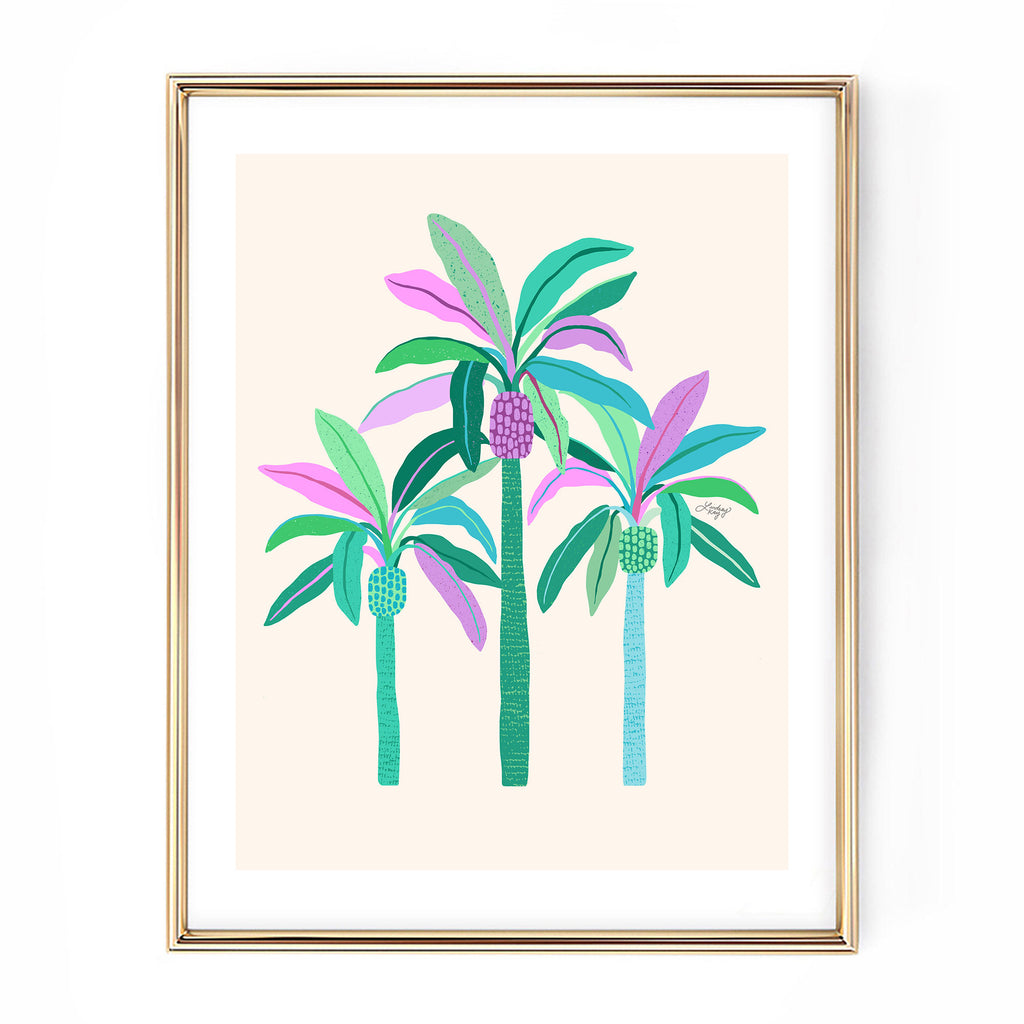 green purple blue palm trees illustration hand drawn art print poster wall art tropical plant tree beach lindsey kay collective