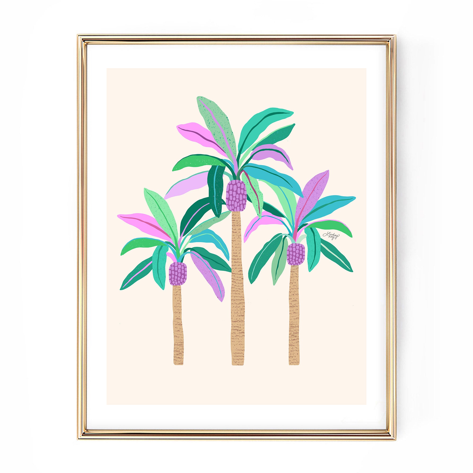 Colorful tropical palm trees art print by Lindsey Kay Collective – hand-illustrated beach wall art in purple, green, blue – vibrant tropical home decor for beach houses, coastal interiors, or gallery walls – bright summer wall art printed on matte paper with high-quality inks – available in multiple sizes