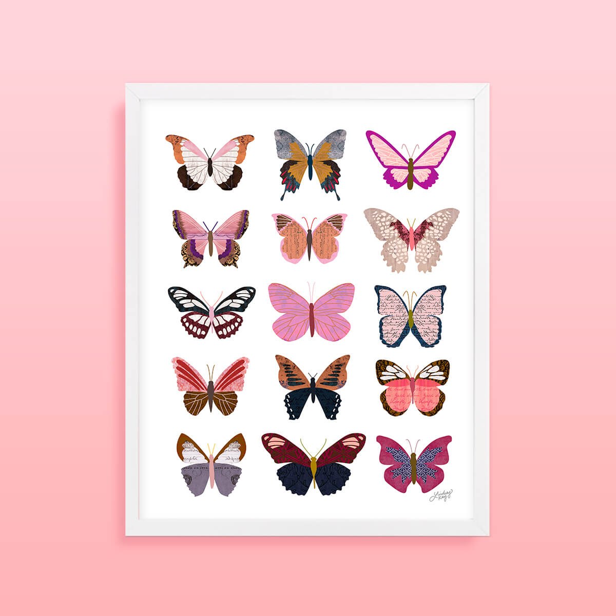 Pink Butterflies Collage Illustration Art Print for your home decor.