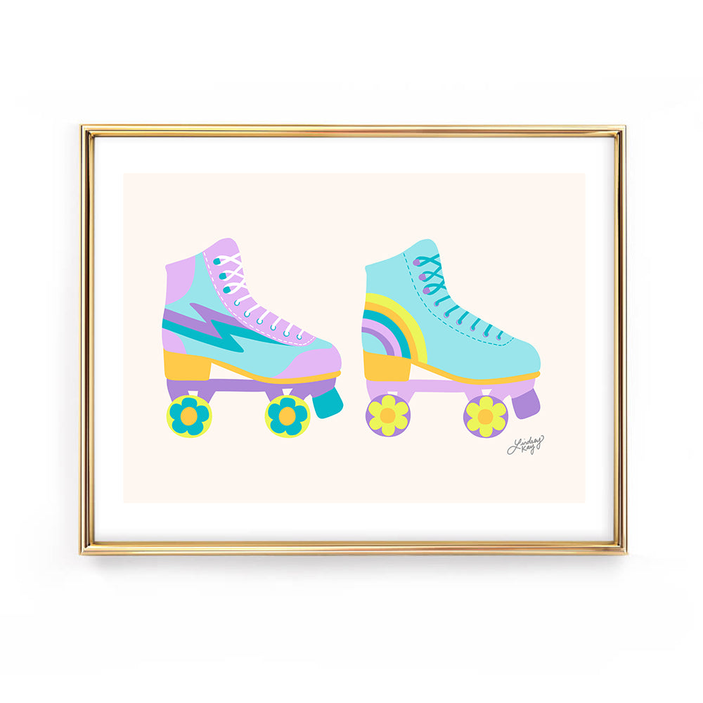 retro roller skates illustration neon art print