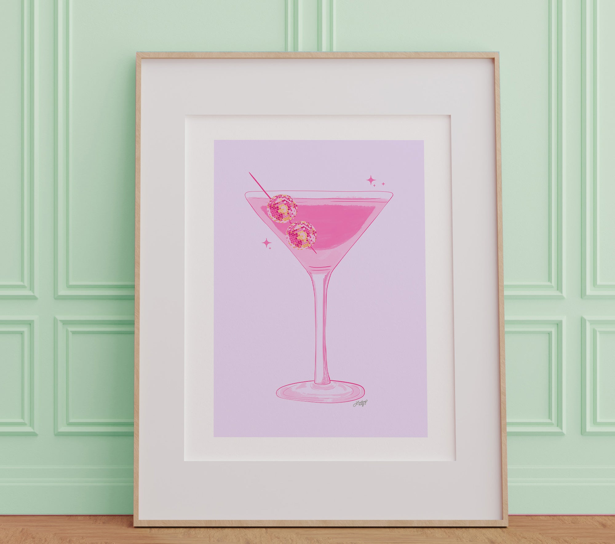 Ilustración de Disco Ball Martini (paleta rosa/amarilla) - Impresión de arte