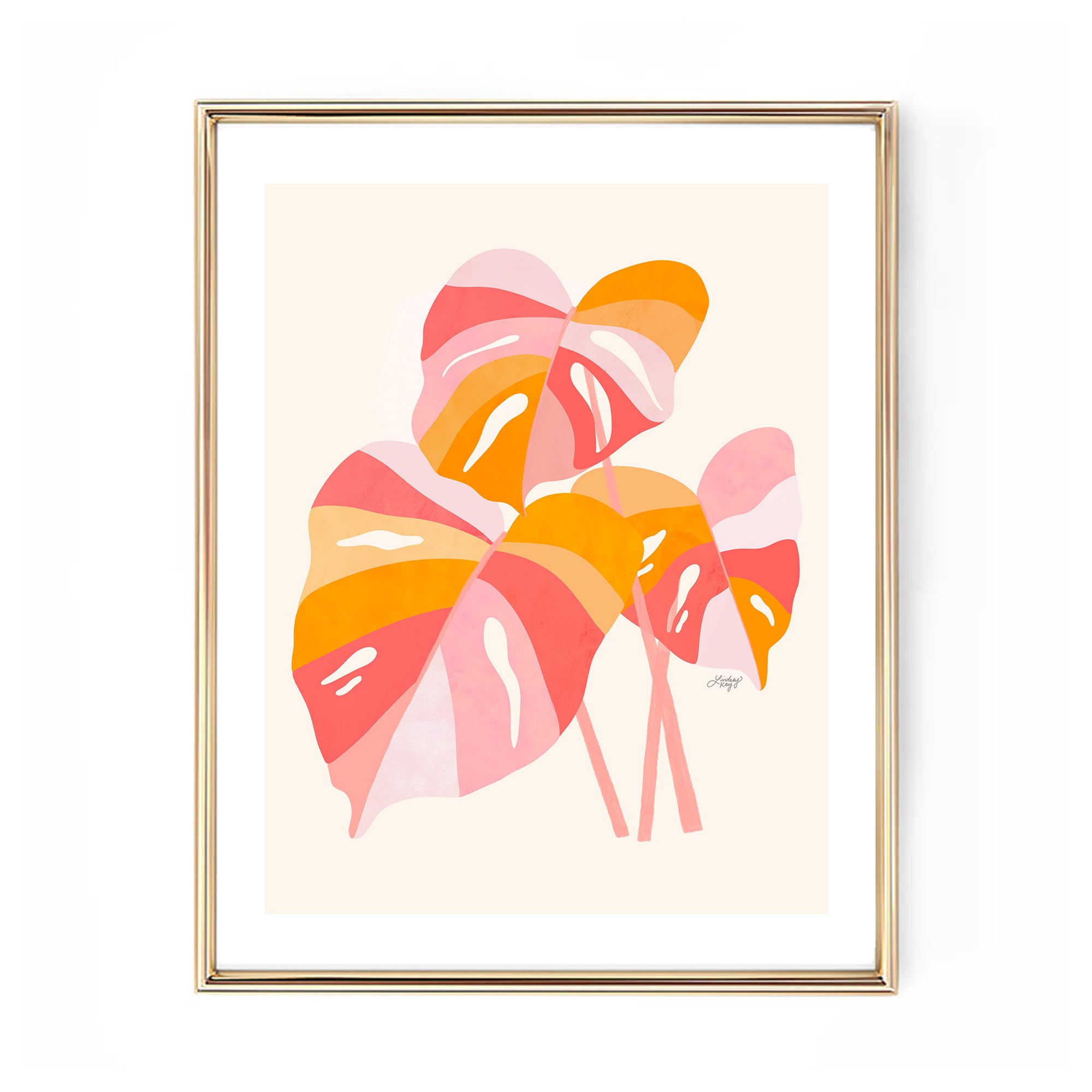 Hand-illustrated monstera plant art print by Lindsey Kay Collective – tropical plant wall art available in light green/lilac or pink/orange palettes – perfect for plant lovers, gallery walls, or colorful home decor – printed on enhanced matte paper with vibrant inks – available in 10 sizes