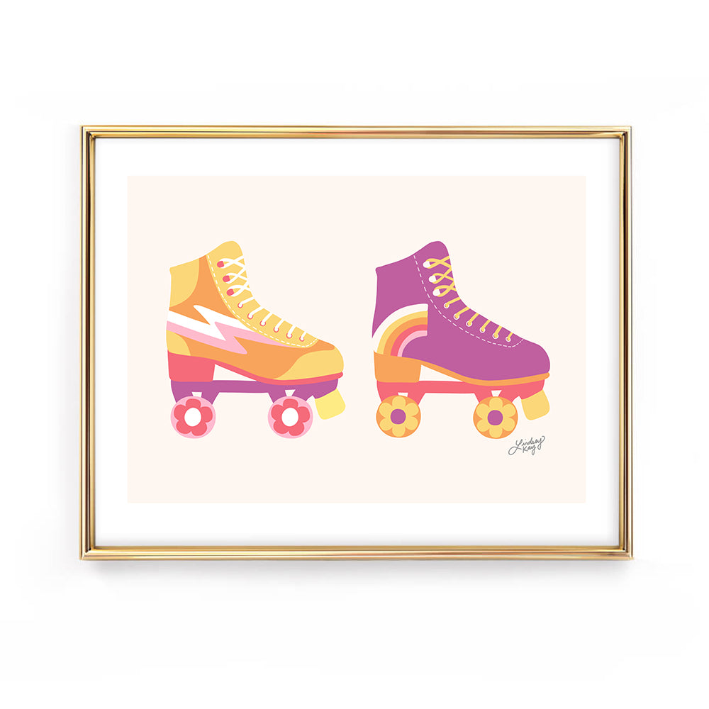 retro roller skates horizontal art print illustration pink yellow purple