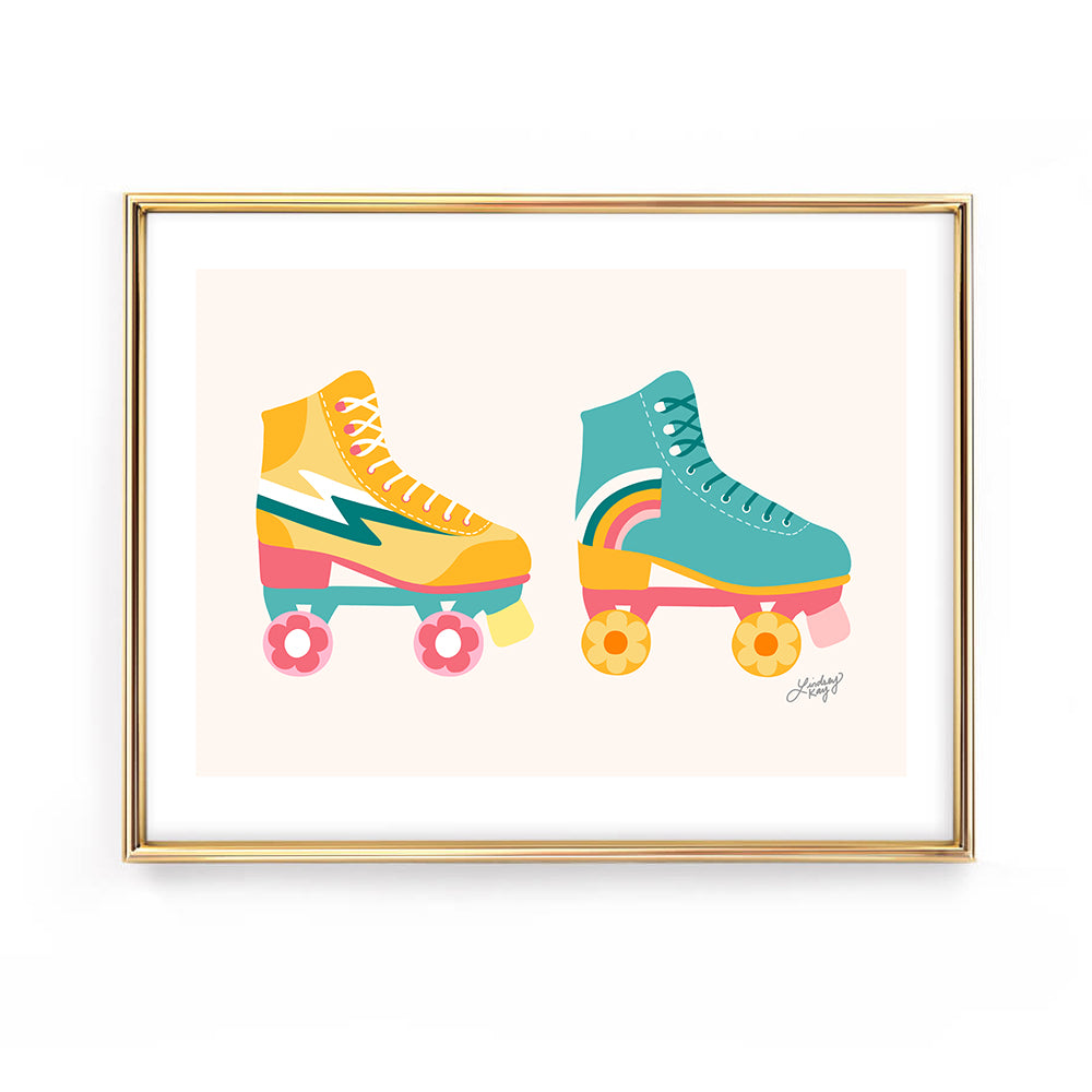 pink yellow turquoise retro roller skates illustration art print wall art