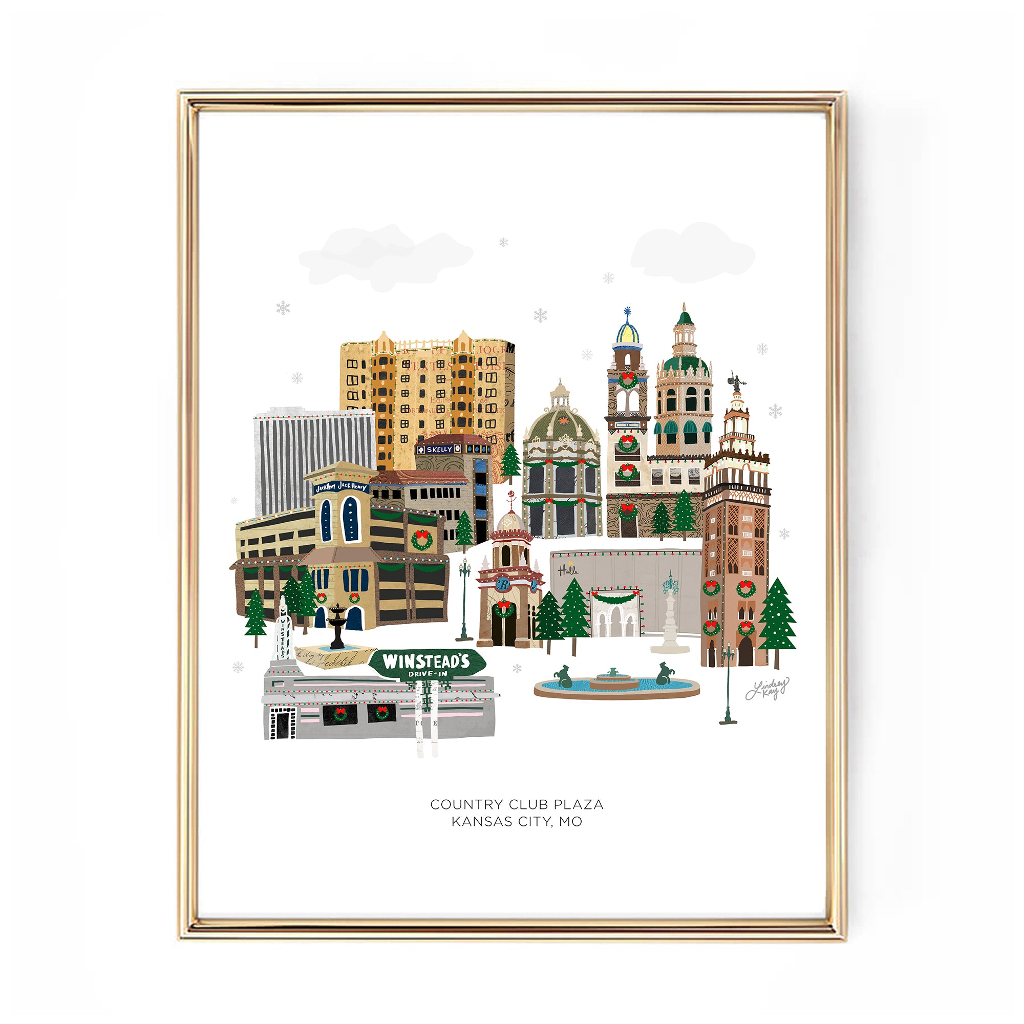 christmas winter festive art print illustration skyline plaza kansas city missouri cityscape poster wall art
