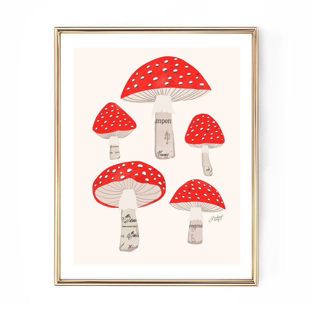 red mushrooms illustration collage art print wall decor lindsey kay collective