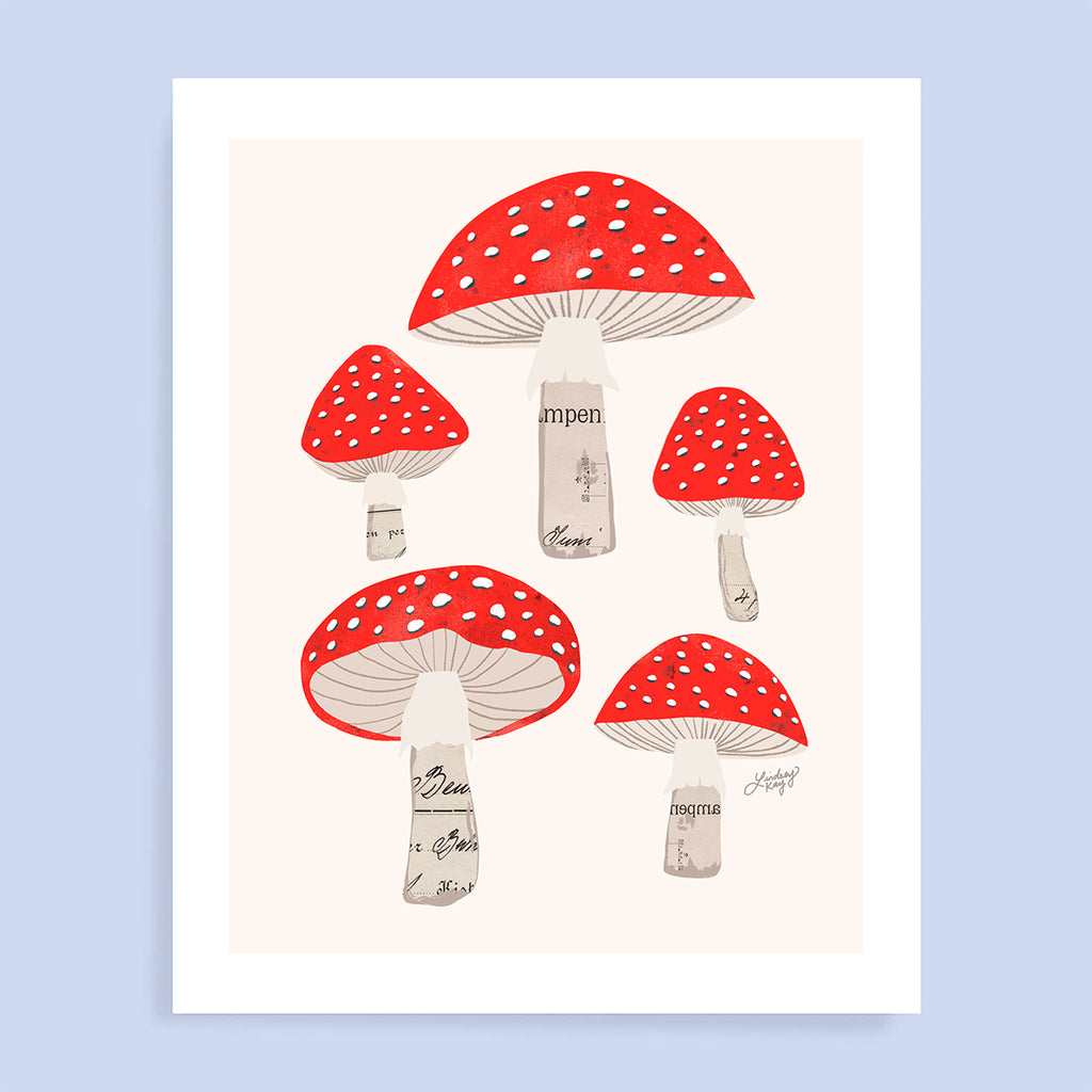 Red Mushrooms Collage Illustration - Art Print