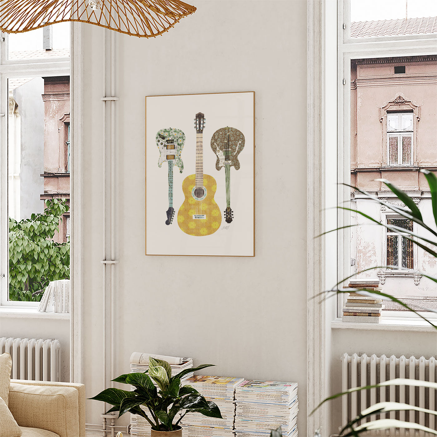 Retro guitar collage art print by Lindsey Kay Collective – digital mixed media artwork created with vintage found paper – available in three color palettes – perfect for music lovers, musicians, gallery walls, or first apartments – printed on enhanced matte paper with vibrant inks – available in 10 sizes