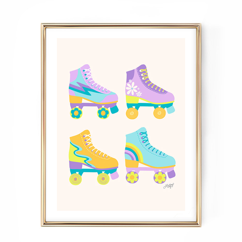 Hand drawn retro roller skates art print by Lindsey Kay Collective. Features vintage-style skates in multiple colorful palettes. Perfect for 70s-inspired décor, dorm rooms, and playful gallery walls. Printed on enhanced matte paper and available in various sizes.