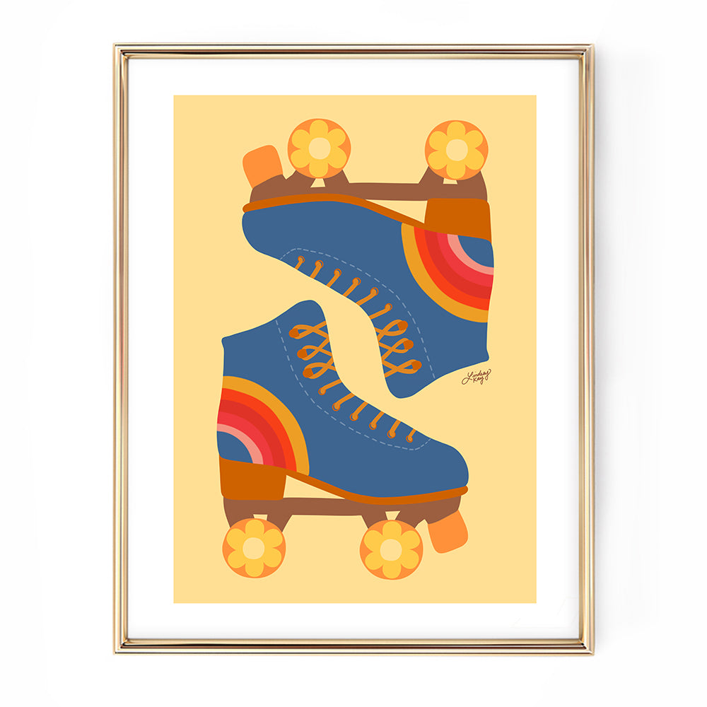 Hand-illustrated retro flower power roller skates art print by Lindsey Kay Collective – colorful vintage roller skate wall art – perfect for dorm rooms, gallery walls, or retro girly decor – printed on enhanced matte paper with vibrant inks – available in multiple sizes