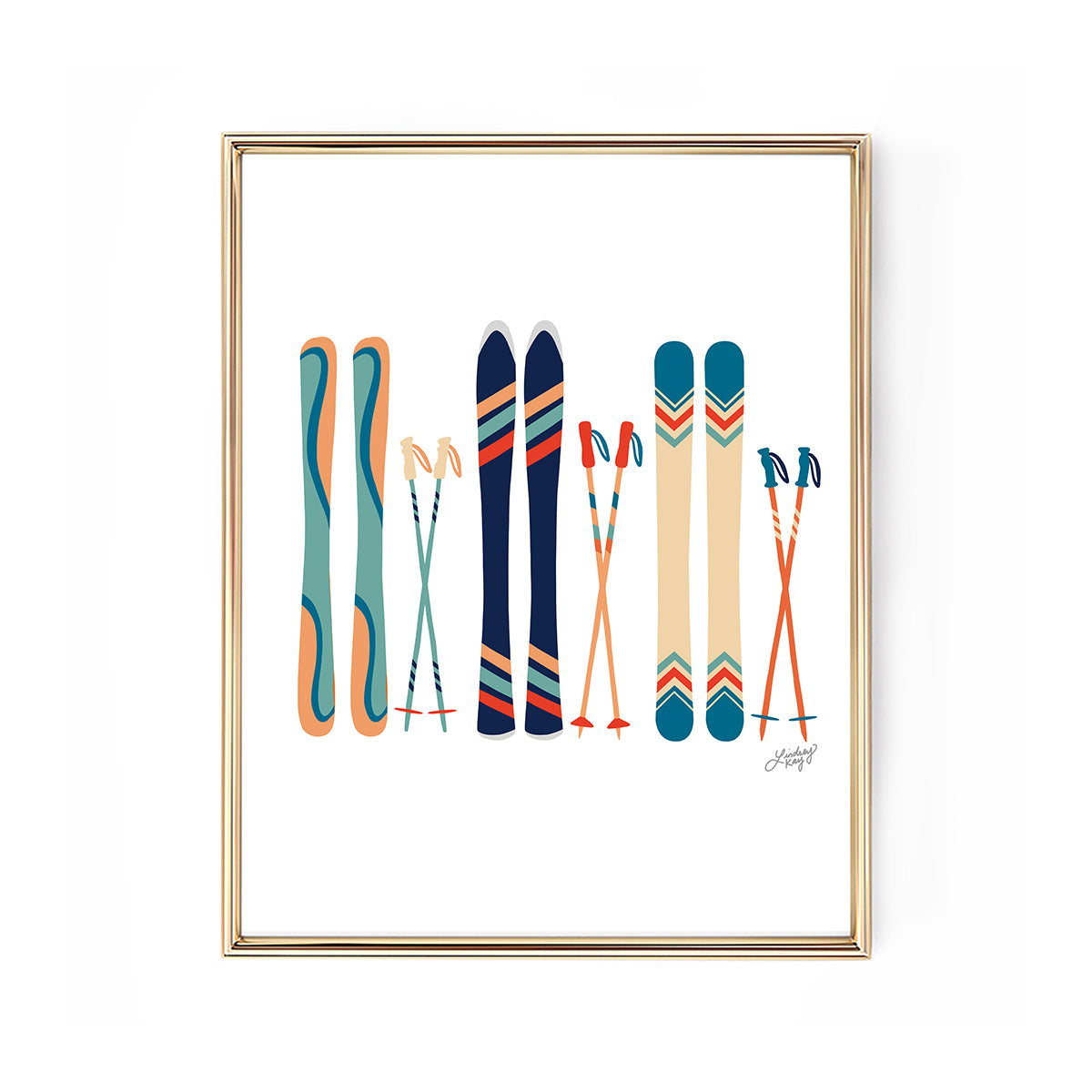 Framed teal orange art retro colors ski's illustration art print poster colorful cabin mountains decor lindsey kay collective