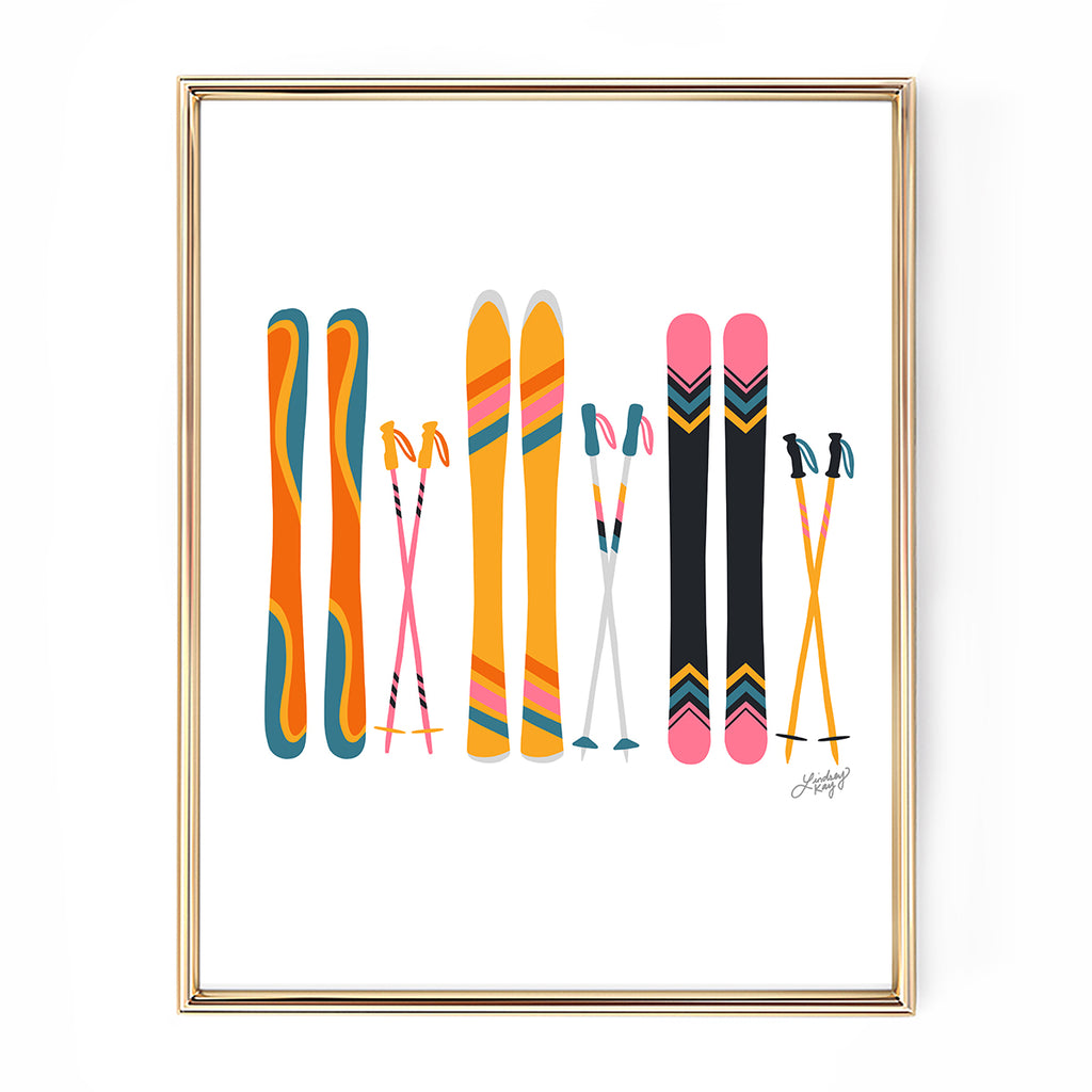 ski's skiing retro colors mountains snow 1970s illustration art print poster lindsey kay collective co