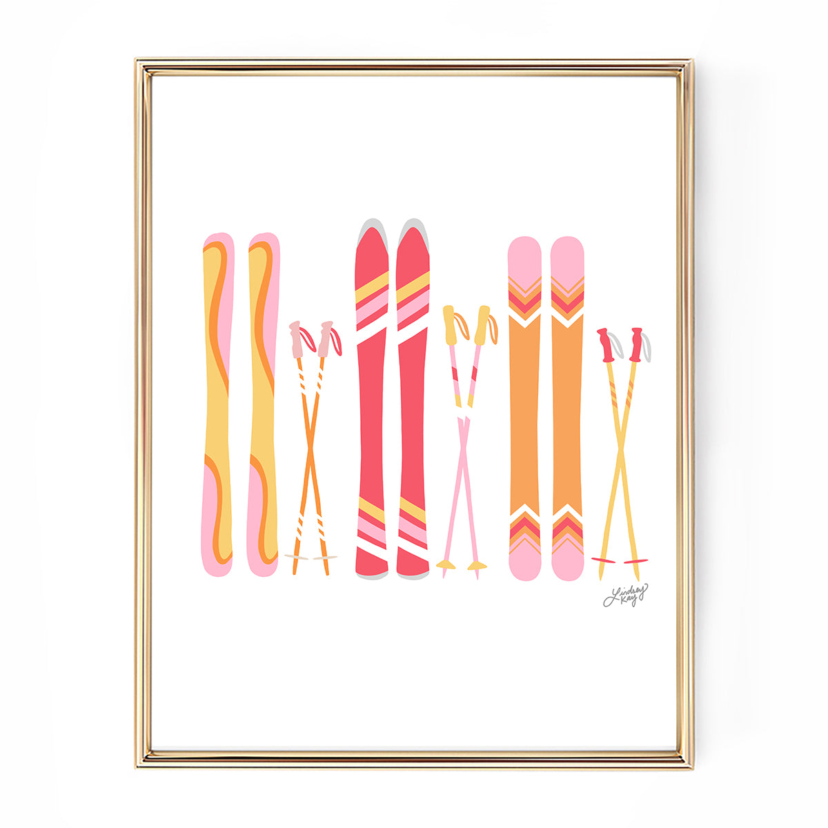 skis illustration art wall art poster pink yellow orange retro artwork lindsey kay collective