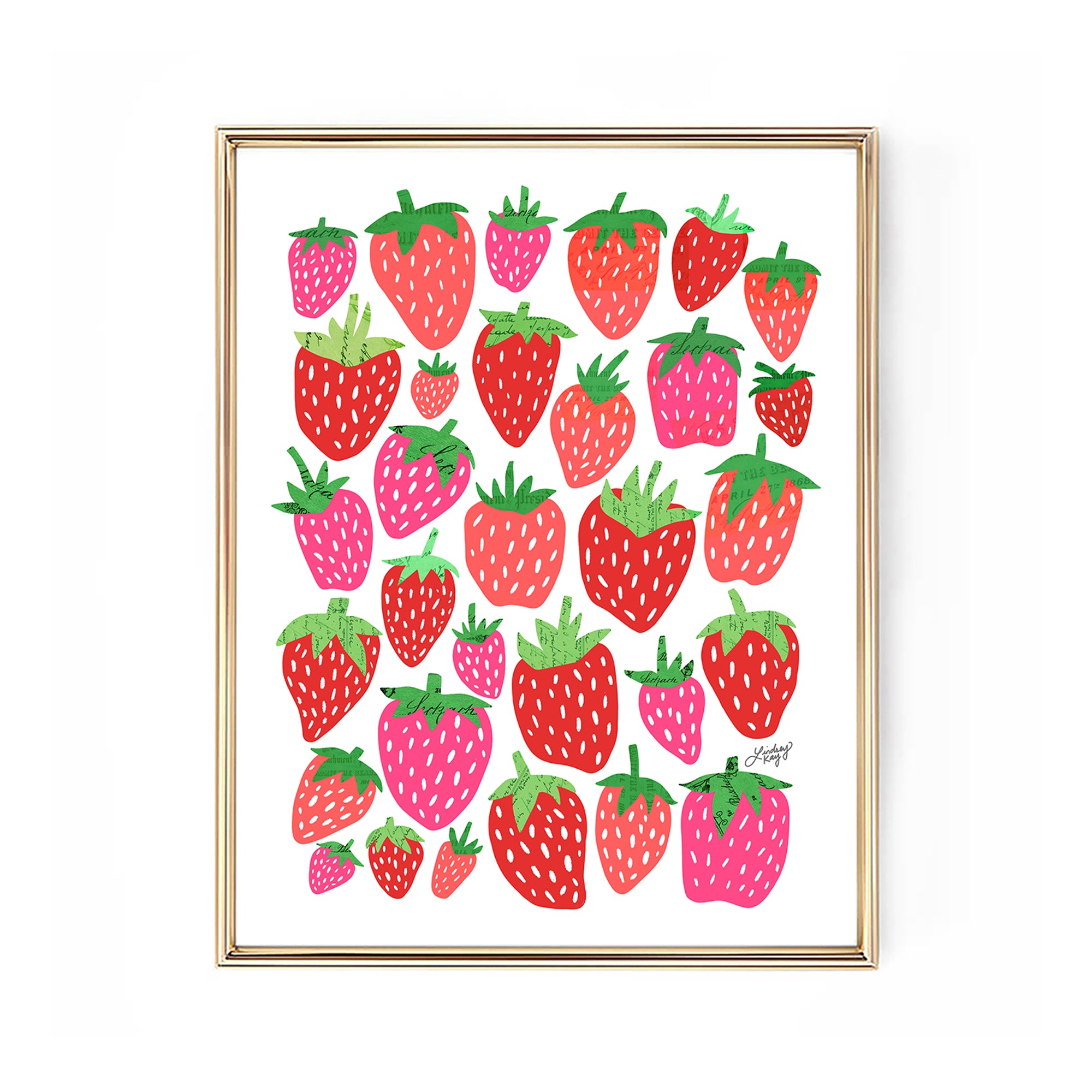 Hand-drawn strawberry collage art print by Lindsey Kay Collective – whimsical fruit wall art with vintage paper details – colorful strawberry illustration perfect for kitchens, gallery walls, or home decor – printed on enhanced matte paper with vibrant inks – available in multiple sizes