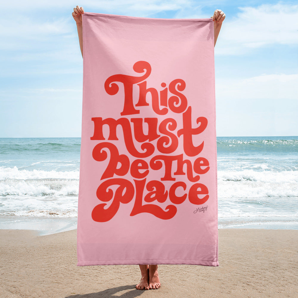 pink red hand-drawn lettering this must be the place the talking heads beach towel pool park summer lindsey kay collective