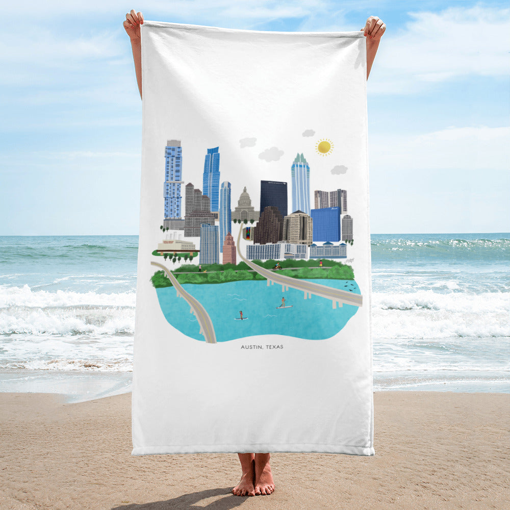 austin texas ATX beach pool towel skyline cityscape illustration gift