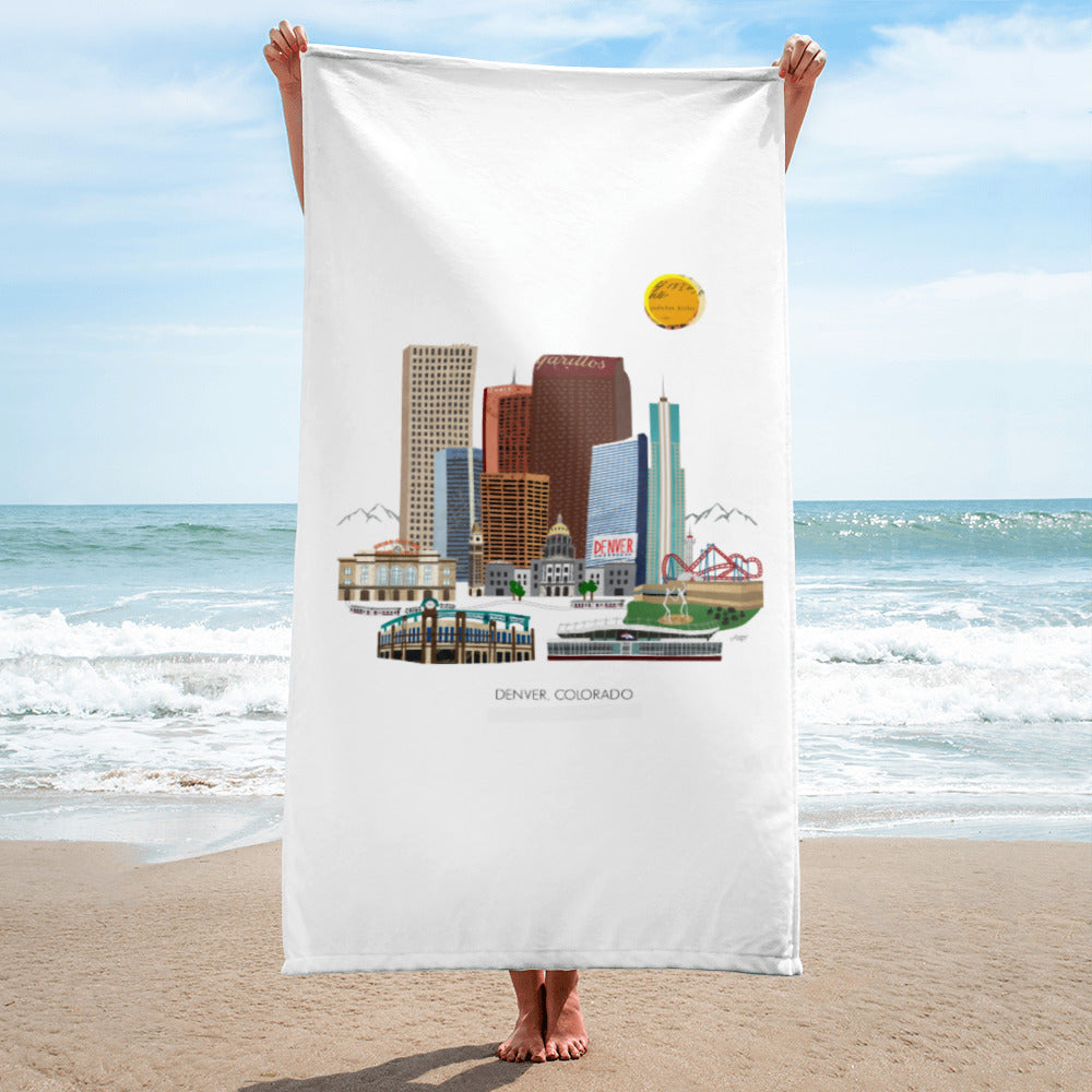 denver colorado skyline downtown cityscape illustration artwork, beach towel, pool accessories lindsey kay collective