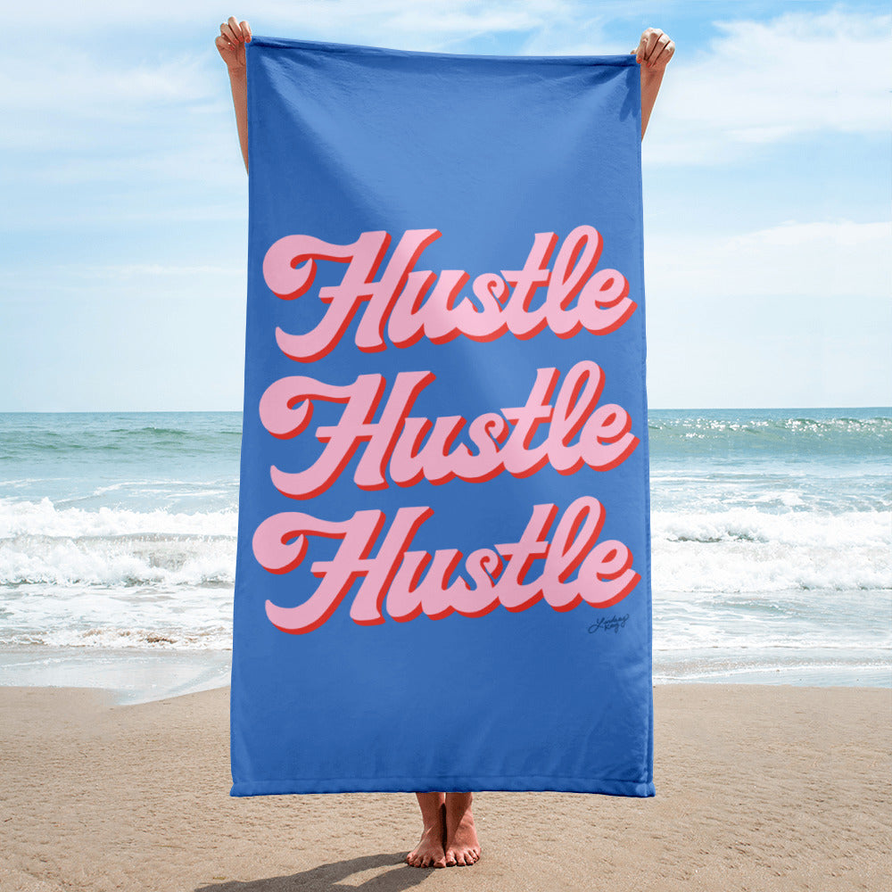 hustle hustle hustle hand lettering design blue pink boss babe work hard beach towel pool accessory cute lindsey kay collective