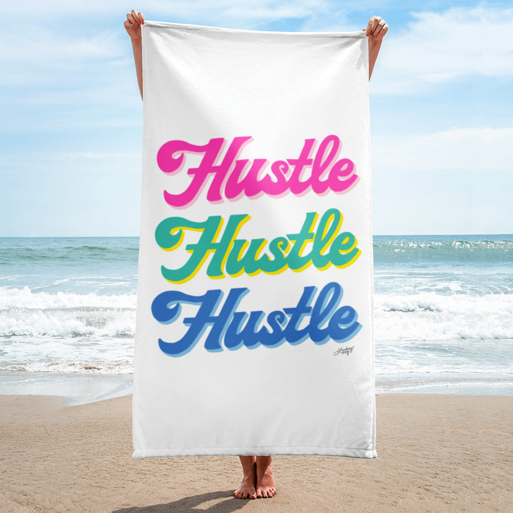 hustle hustle hustle hand lettering design retro neon boss babe work hard beach towel pool accessory cute lindsey kay collective